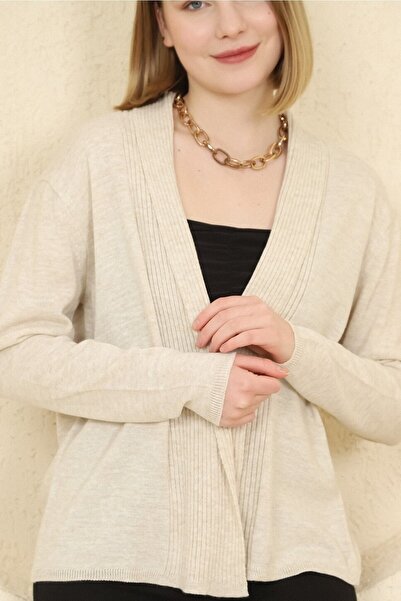 VEGENZE Γυναικεία πλεκτή ζακέτα σε μπεζ ραβδώσεις