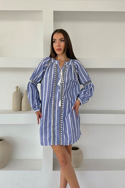 Seda Yalçın Atelier Blue Tasseled Striped Linen Dress