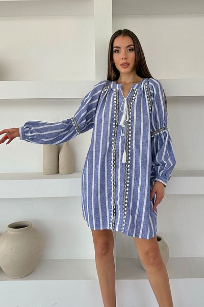 Seda Yalçın Atelier Blue Tasseled Striped Linen Dress