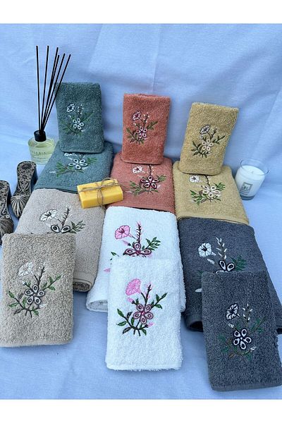 AYHANHOME 3D Embroidered Mother-Daughter Luxury Dowry Set 6 Pieces 50x90, 6 Pieces 30x50 Hand Face Towel Set