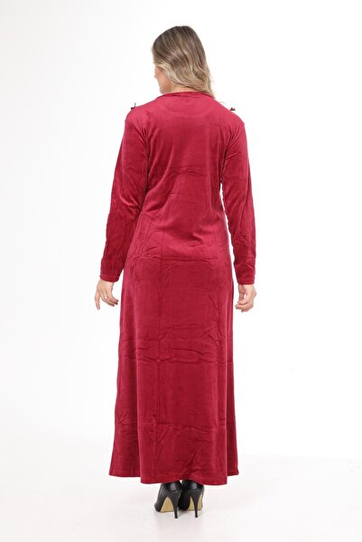 mervemoda Γυναικείο βελούδινο φόρεμα με κέντημα σε μπορντό λαιμόκοψη
