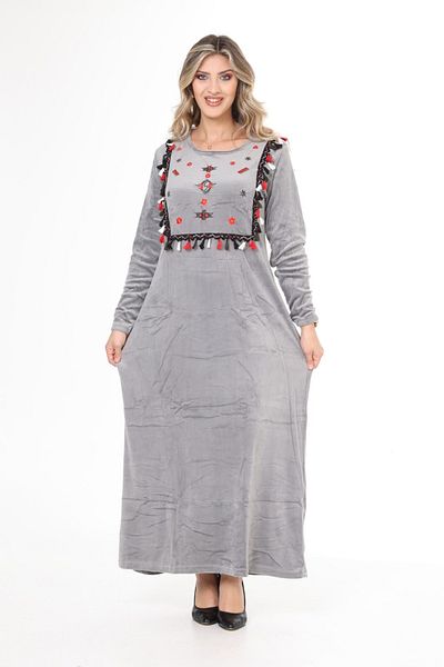 mervemoda Women's Gray Collar Embroidery Detailed Velvet Dress