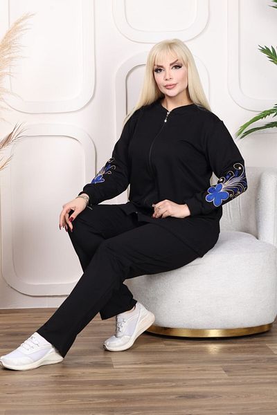 sinemisxxl بدلة سوداء من القماش المطرز باللون الأرجواني بسحاب مزدوج الخيط