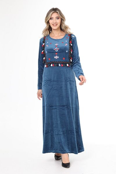 mervemoda Γυναικείο βελούδινο φόρεμα με κέντημα με γιακά Indigo
