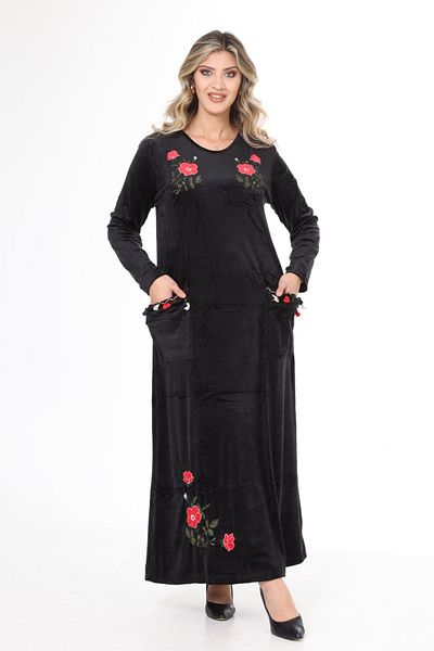 mervemoda Women's Black neckline embroidery detailed velvet long dress