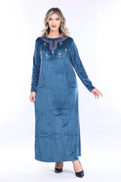 mervemoda Women's Indigo collar embroidery embroidery detailed velvet dress