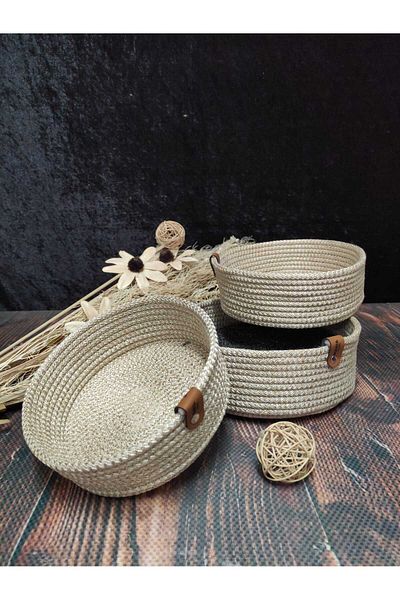 Çt Çeyizci Tekstil 3-Piece Multi-Purpose Beige Basket, Bread Basket, Kitchen Basket Beige Color Basket