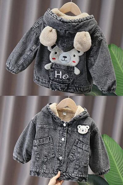 ELAFOR Children's Black Denim Coat with Welsoft Furry Inside and Applique Embroidery on the Back (MUST BE PURCHASED 1 YEAR OLDER)