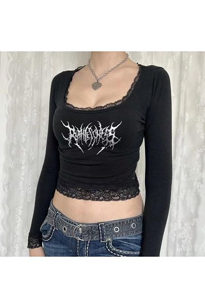 Gofeel Harajuku Street Gothic Punk Printed Lace Lace Black Long Sleeve Blouse