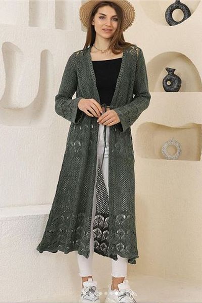 AYASOFYA OTANTIK Women's Khaki Tie Closure Long Vintage Oversize Loose Cotton Knitwear Cardigan Blouse