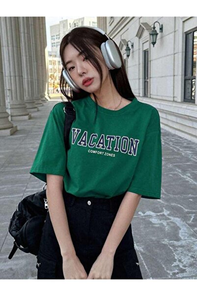 over head oh Tricou oversize cu imprimeu Nefti Green Vacation pentru damă