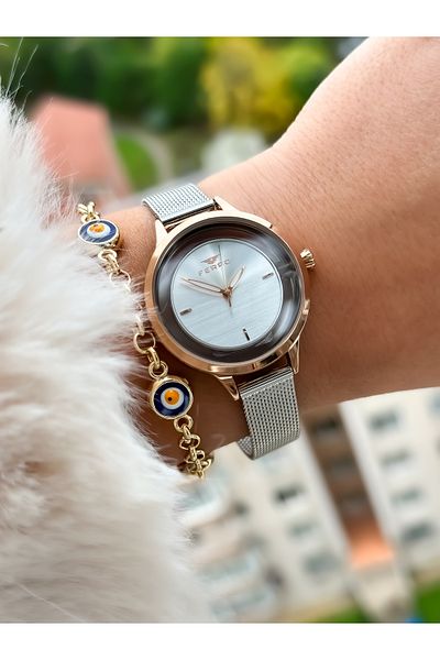 FERRO Brand New Season Rose Color, Steel Mesh Strap, Simple Model Women's Wristwatch + Bracelet in Box
