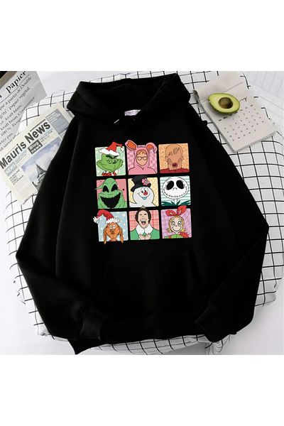 Gofeel Harajuku Street New Year Printed Black Unisex Oversize Hooded Sweatshirt