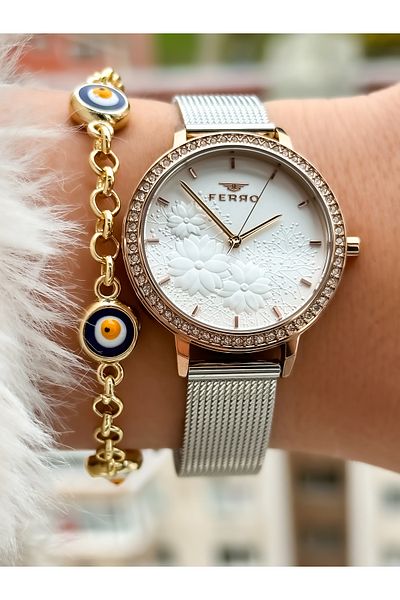 FERRO Brand New Season Silver Color, Steel Mesh Strap, Simple Model Women's Wristwatch + Bracelet in Box
