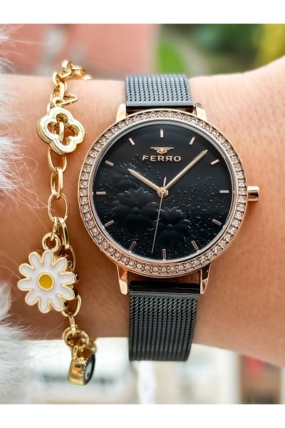 FERRO Brand New Season Black Color, Steel Mesh Strap, Simple Model Women's Wristwatch + Bracelet in Box