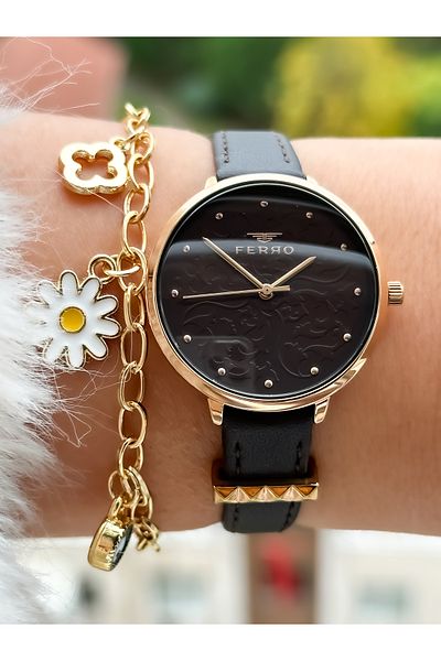 FERRO Brand New Season Brown Leather Strap, Simple Model Women's Wristwatch + Bracelet in Box