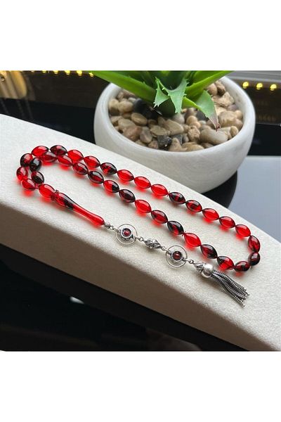 dergah tesbih Silver Designed Amber with Red Moire and Fire-i Squeeze