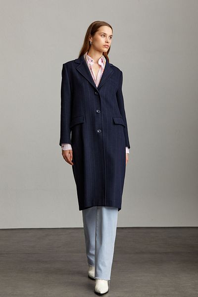 Hatemoğlu Saykı Woman Navy Blue Slim Fit Striped Mono Collar Basic Isabella Coat