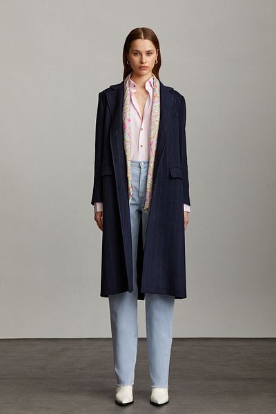 Hatemoğlu Saykı Woman Navy Blue Slim Fit Striped Mono Collar Basic Isabella Coat