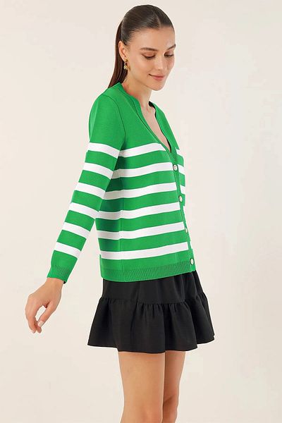 hazelin Women's Green Striped V-Neck Relaxed Cut Knitwear Cardigan HZL24W-BD1102151