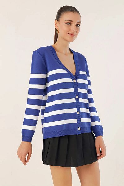 hazelin Women's Navy Blue Striped V-Neck Relaxed Cut Knitwear Cardigan HZL24W-BD1102151