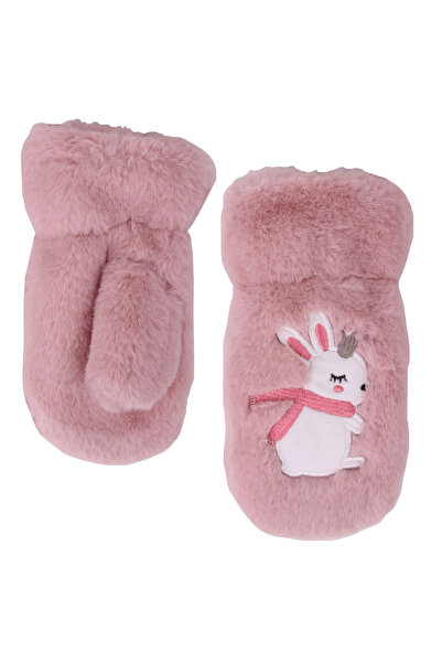 İşnar Peluş Çocuk Eldiven 2-4 Yaş Tavşan İşlemeli Pembe Renk Parmaksız Model 0060