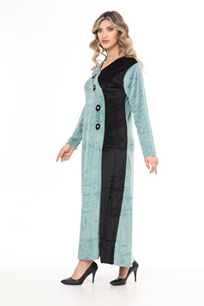 mervemoda Women's Mint Collar Embroidery Detailed Velvet Dress