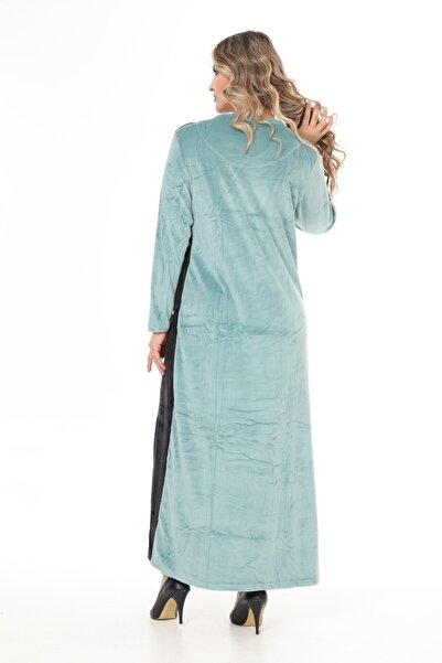 mervemoda Women's Mint Collar Embroidery Detailed Velvet Dress