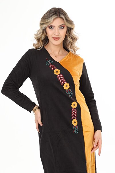 mervemoda Dámské sametové šaty s detailně vyšívaným hořčičným límcem