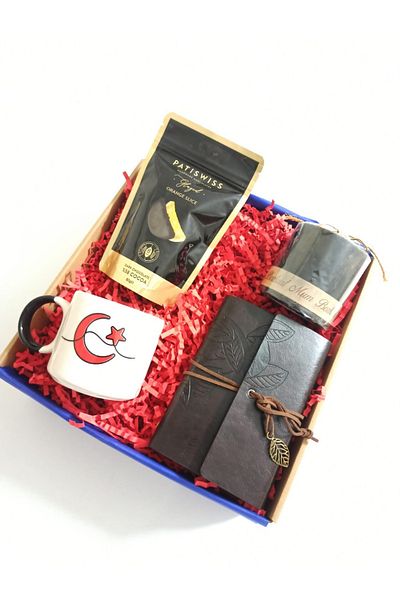 Alanç Gift Специален подаръчен комплект за Деня на бащата - ръчно изработена чаша със звезда от полумесец, свещ, тефтер и шоколад