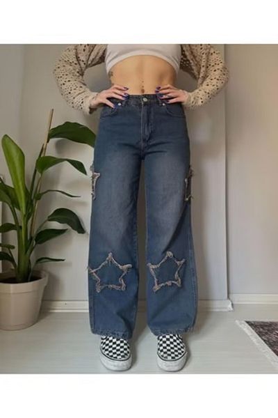 DEEFWEAR Y2k Star Patch Detail Wide Leg Unisex Tech Jean -mingalondon