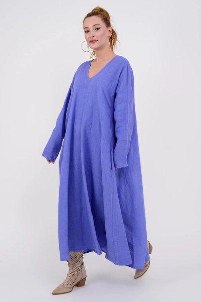 ZTO WOMEN'S LOOSE CUT V-NECK LINEN DRESS WITH POCKETS