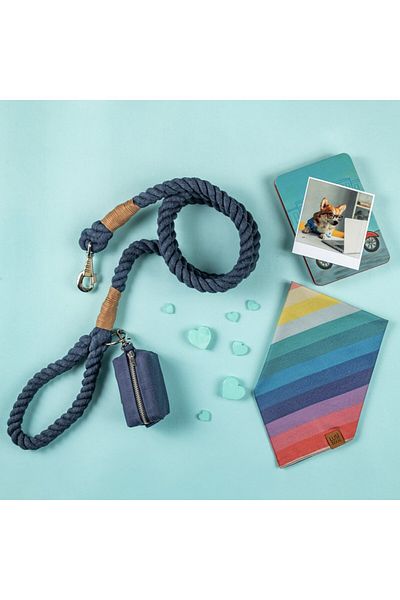 Lusi Doog Navy Blue Rope Dog Walking Collar Rainbow Themed Dog Bandana and Poop Bag Set