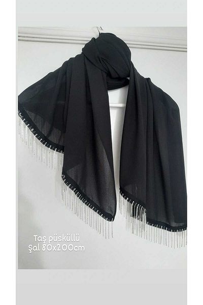 AGH Değerli Hediyeler Μαύρο κρεπ σιφόν σάλι πολυτελείας με πέτρινη λεπτομέρεια - μακριά ρίγα