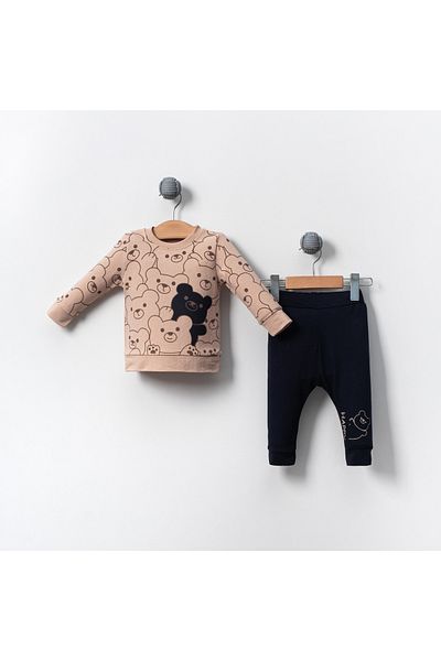 Bubito Happy Bears Patterned Cotton Baby Bottom and Top Set-brown