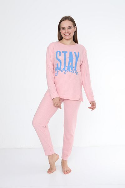 FAMES PİJAMA Stay Positive Raised Interlock Fabric Long Sleeve Women's Pajama Set