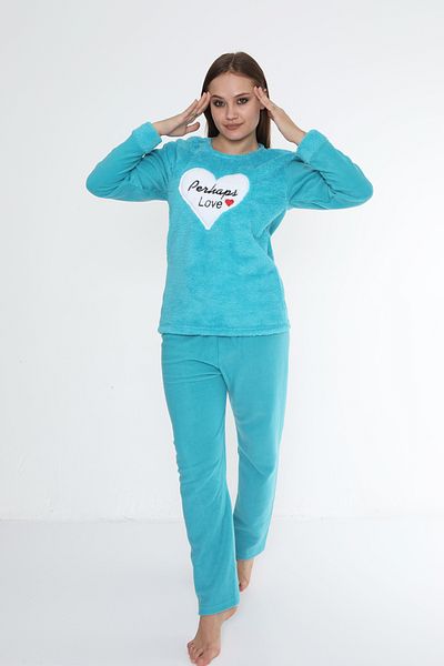 FAMES PİJAMA Turquoise Heart Patterned Wellsoft Fabric Long Sleeve Winter Women's Pajama Set.