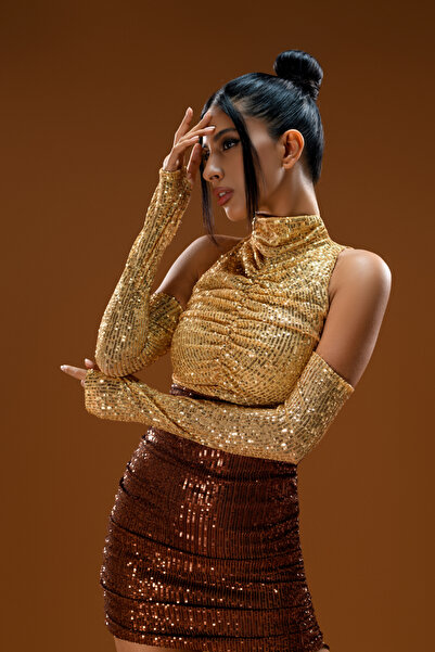 Gira official Kahve Gold Payetli 2 Renkli Mini Elbise