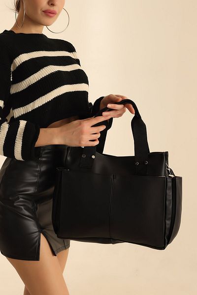ARTON Women's Black Column Strap Multi-Compartment Shopper Casual Shoulder Bag