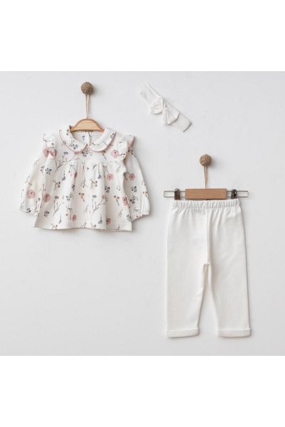 Bilge Bebek Baby Girl 100% Cotton Headband Top and Bottom Set