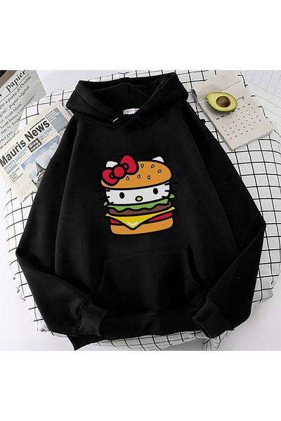 MECH BUTİK Черен суитшърт с качулка и принт Kitty Hamburger