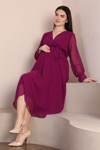 Azra Style الأمومة مزدوجة الصدر طوق مربوط فستان الشيفون البرقوق الاتجاه ليلة أنيقة
