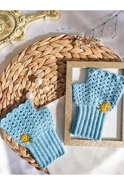 BeuBella Aksesuar Özel Tasarım Sarı Çiçek Motifli Açık Mavi Eldiven