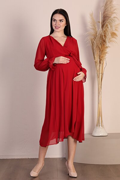 Azra Style Kadın Hamile Kruvaze Yaka Kuşaklı Kırmızı Şifon Elbise Trend Gece Şık
