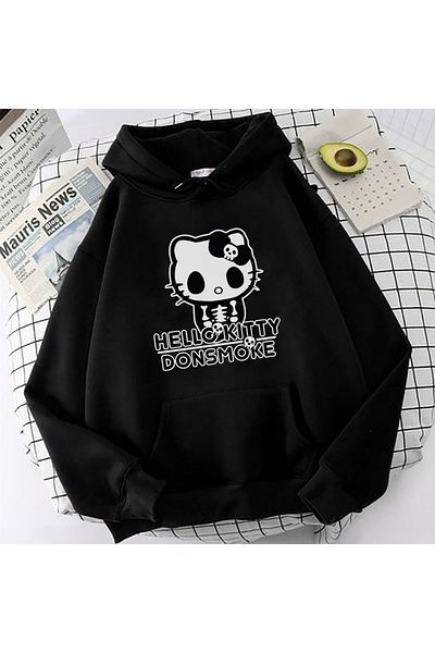MECH BUTİK Унисекс суитшърт с качулка и щампа Kitty Donsmoke в черен цвят