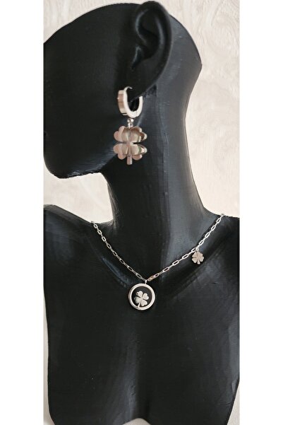 Aylish Bijuteri Gümüş Silver Yonca İçi Siyah Çelik Kolye