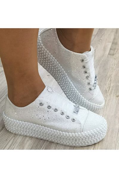 Ayakkabı Tutkusu Stilo ® Pantofi de mireasă sport Detalii perle Produs de calitate cu sclipici White Pearl Platform Sports