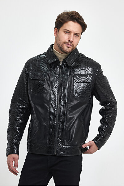 nero leather fur Yılan Detaylı Siyah Deri Ceket