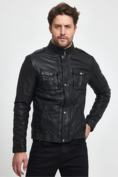 nero leather fur سترة رياضية للرجال من الجلد المغسول بتصميم عتيق