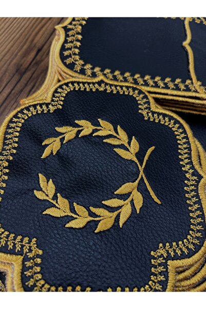 Teksev Başak Siyah Gold Masa Örtüsü 6 Kişilik 19 Parça Runner Seti Nakışlı Deri Yemek Sunum Takımı